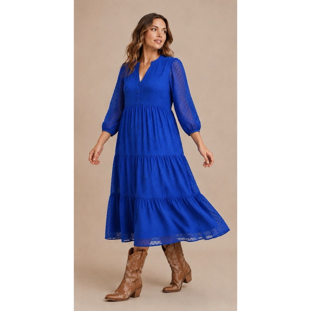 Torrid Blue Swiss Dot Midi Dress 0/L/12 Boho Cottagecore Tiered Pockets NWT
